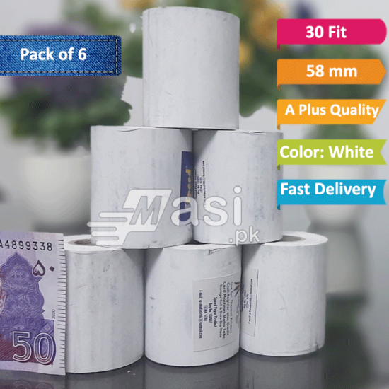 Pack of 6 - Best Thermal Paper Roll Receipt 58mm - 30 fit | masi.pk