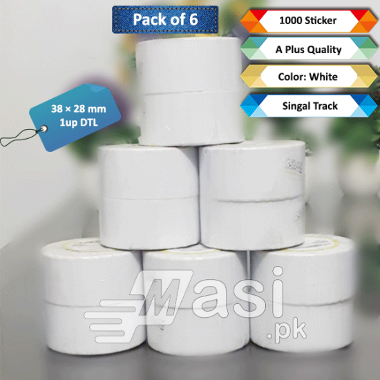 Pack of 6 - Best Barcode Label Roll Sticker 38mm x 28mm  - DTL 1up-1000 pcs/roll 1.5 core inch | masi.pk