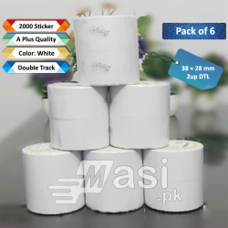 Pack of 6 - Best Barcode Label Roll Sticker 38mm x 28mm  - DTL 2up-2000 pcs/roll 1.5 core inch | masi.pk