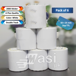 Pack of 6 - Best Barcode Label Roll Sticker 50mm x 25mm  - TTL 2up-2000 pcs/roll 1.5 core inch | masi.pk